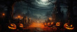 © Synthetica - Happy Halloween background spooky scene, creepy dark night jack o lantern pumpkins and spooky graves on graveyard ghosts horror gothic evil cemetery landscape. Mysterious night moonlight backdrop.