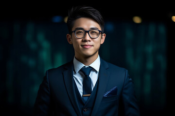 Wall Mural - An Asian gentleman with a handsome and intelligent appearance dons a formal suit, showcasing his smart demeanor both in outdoor and indoor settings. Generative AI.