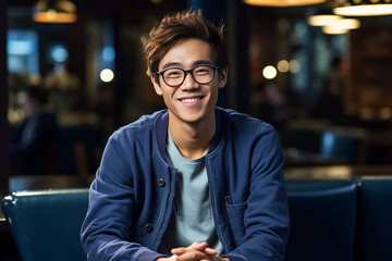 Handsome man with a happy face sitting and smiling with a confident smile showing teeth. Portrait of young man smiling. Young Asian man sitting at coffee shop. Generative AI.