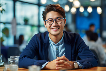 Handsome man with a happy face sitting and smiling with a confident smile showing teeth. Portrait of young man smiling. Young Asian man sitting at coffee shop. Generative AI.