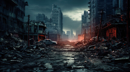 post apocalypse, gloomy apocalyptic scene of city street after war