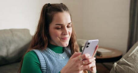 Sticker - Phone, networking and young woman in the living room scroll on social media or mobile app. Technology, smile and happy female person doing research on online website with cellphone in her apartment.