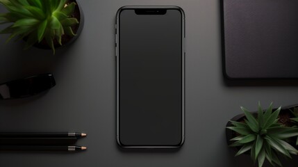 Fototapete - Black office desk background with office supplies, devices and smartphone blank screen mockup.