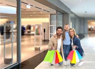 Canvas Print - Happy family with shopping bags walking in mall