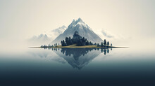 A Minimalist Landscape With A Scenic A Island With Mountain And Trees