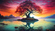 one of the trees in the middle of the water and sunset, in the style of colorful fantasy realism