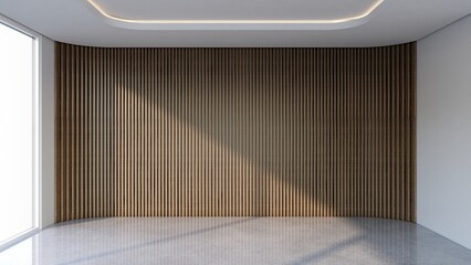 Modern empty room with vertical wooden slats. 3d illustration render