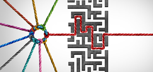 Leinwandbilder - Team leadership success and strategic business solution as a group of connected diverse ropes solving a problem finding a path through a maze obstacle