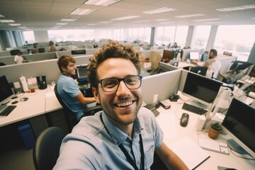 Smiling office workers looking at the smart phone camera talking to other coworkers remotely