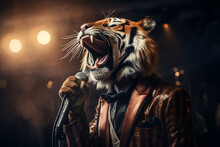 Cute Tiger Singing Through Microphone With Stage Background