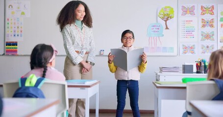 Aufkleber - Student, child and reading a book in class for learning, development and communication. A boy kid and teacher woman teaching language, support and assessment in elementary classroom at school