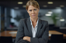 Portrait Of Annoyed, Serious Woman With Folded Arms, Blonde Hair Tied Back And Gray Suit In Office