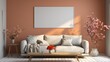 © Sawitree88 - Mock-up of a poster frame with a background of a living room in warm, gray tones in a home..