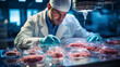 arafed man in a lab coat and gloves preparing raw meat Generative AI