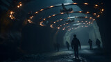 Fototapeta Uliczki - people walking through a tunnel with lights on the ceiling Generative AI