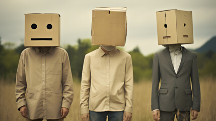 Wall Mural - three people with boxes on their heads standing in a field Generative AI