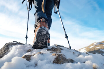 Wall Mural - Back view of a hiker with trekking poles in a winter mountains