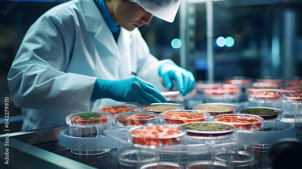 arafed worker in a lab coat and gloves working on a tray of food ...