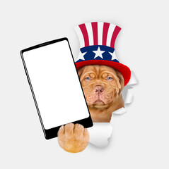 Poster - Serious Mastiff puppy wearing like Uncle Sam looking through a hole in paper and showing big smartphone with white blank screen. isolated on white background