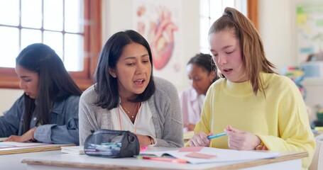 Poster - High school, frustrated or teacher helping girl with exam stress, anxiety or burnout from assessment fail. Overwhelmed, learning or woman support, talk or advice pupil on test mistake, error or study