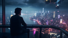Arafed Man Sitting On A Ledge Looking Out Over A City At Night Generative AI