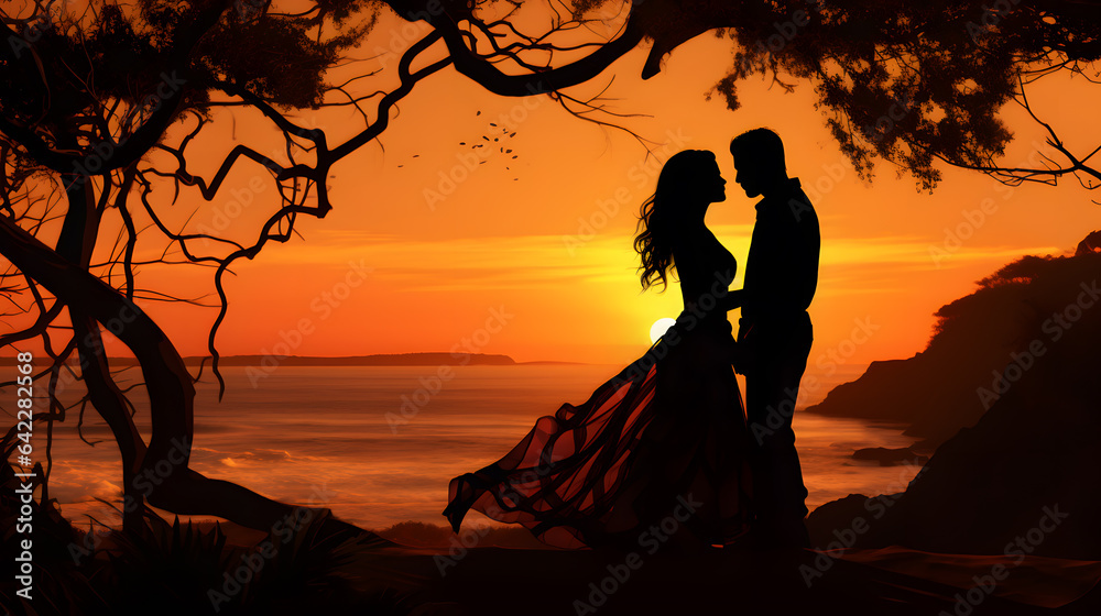 silhouette of a couple kissing in front of a sunset Generative AI Stock ...