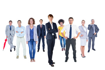 Wall Mural - Digital png photo of group of smiling business people in different poses on transparent background