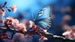 In this enchanting image, a vibrant blue butterfly gracefully rests on a delicate pink flower, creating a moment of natural beauty and serenity.

