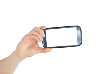 Poster - Digital png photo of hand holding smartphone with copyspace on transparent background