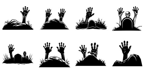 Wall Mural - Zombie's hands sticking out of the grave. Cartoon Halloween silhouette elements collection