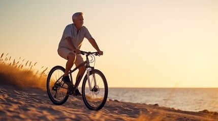 senior retired adult male enjoy exercise bike on nature beach recreation casual relax riding bicycle summertime vacation sunset sky background