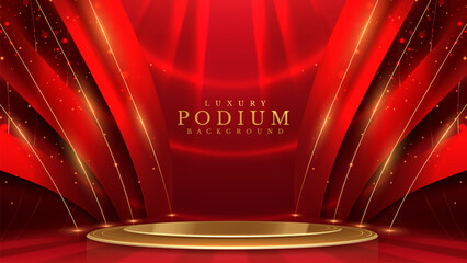 Wall Mural - empty podium golden on red background with light neon effects with bokeh decorations. luxury scene d