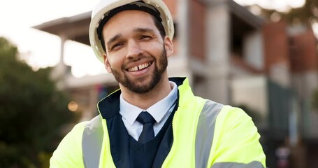 Canvas Print - Smile, portrait and happy man in engineering for building development with confidence, pride and safety. Architecture, property and project management, contractor in urban planning construction site.