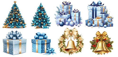 sticker, clipart set of blue christmas tree, golden bell and gift box on transparent background, gen