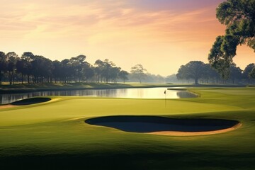 Golf course green on a beautiful tranquil day, scenic Landscape Wallpaper Background