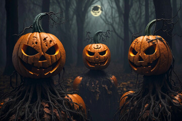 scary pumpkin heads in dark halloween forest