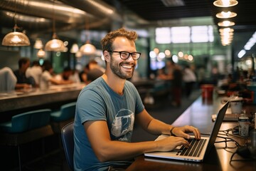 Wall Mural - Portrait of smiling young man using laptop while sitting in coffee shop