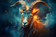 Fantasy Illustration Of A Goat With Blue Hair And Blue Eyes.