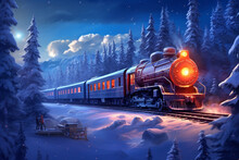 Steam Locomotive In The Winter Forest. 3D Illustration. Digital Painting.