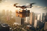 Fototapeta Londyn - Drone delivering a parcel, city background