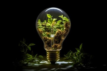 Green plant inside light bulb on black background