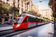 Photo Of A Vibrant Red And White Train Or Tram Speeding Down Train Tracks In The City.