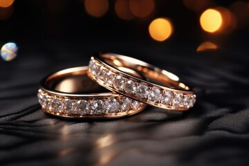 Two wedding rings male and female with diamond on black surface, wedding concept 