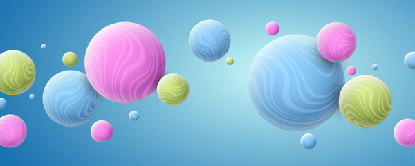 Poster - Stylish dynamic 3d bubbles with colorful wavy striped pattern. Flying spheres on blue background for your cover. Vector illustration.
