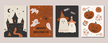 Collection Of Halloween Greeting Cards And Posters With Hand Drawn Scary Elements And Floral Arrangement. Set Of Halloween Vector Illustration Flyers With Pumpkin, Ghost, Scary House.