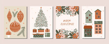 Collection Of Christmas Greeting Cards And Posters With Hand Drawn Winter Holiday And Christmas Elements And Floral Arrangement. Set Of Winter Christmas Illustrations