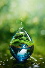 A Nature In Water Drop With Green Ecology Background.