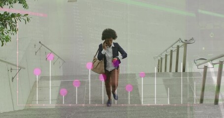 Poster - Animation of african american woman talking on phone and looking at watch while walking up stairs