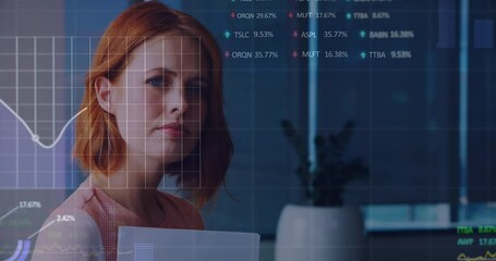 Poster - Animation of multiple graphs and trading boards over portrait of caucasian woman holding files