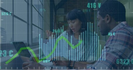 Poster - Animation of graphs, changing numbers, currency symbols, diverse coworker discussing report at cafes